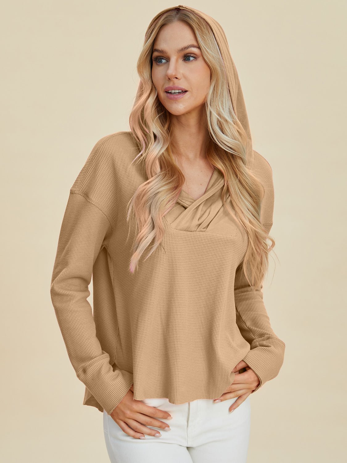 Double Take Full Size High - Low Dropped Shoulder Long Sleeve Hoodie - Bella Blue Styles
