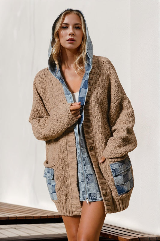 Double Take Full Size Hooded Denim Spliced Sweater Cardigan - Bella Blue Styles