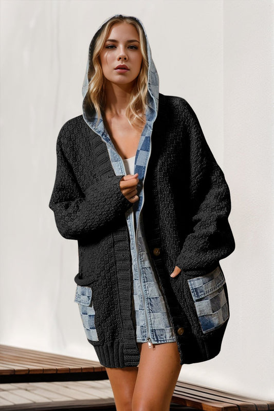 Double Take Full Size Hooded Denim Spliced Sweater Cardigan - Bella Blue Styles