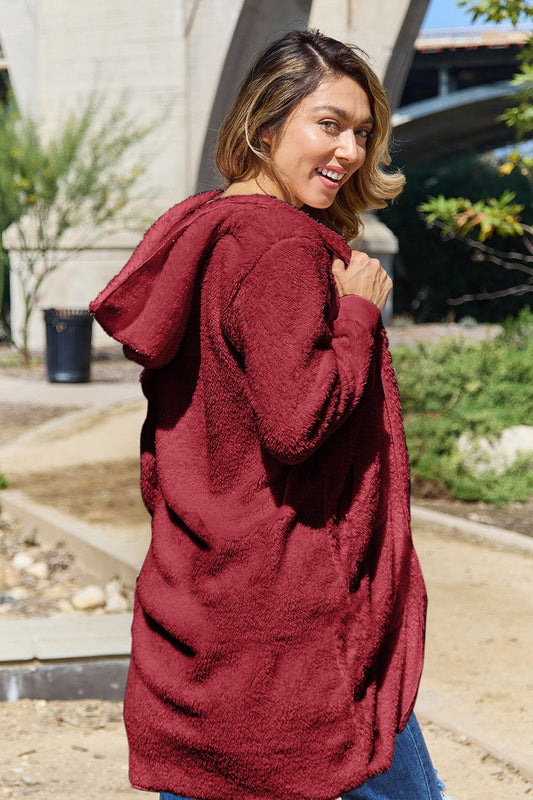 Double Take Full Size Hooded Teddy Bear Jacket with Thumbholes - Bella Blue Styles