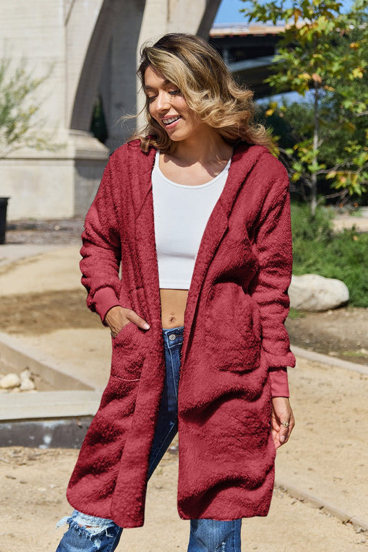 Double Take Full Size Hooded Teddy Bear Jacket with Thumbholes - Bella Blue Styles