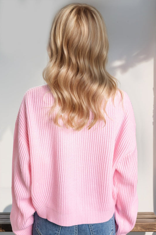 Double Take Full Size MERRY & BRIGHT Christmas Dropped Shoulder Cropped Sweater - Bella Blue Styles