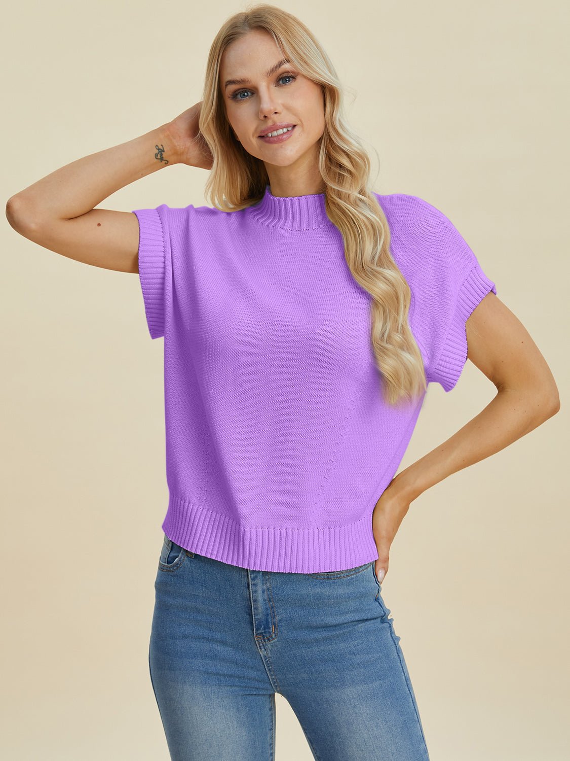 Double Take Full Size Mock Neck Short Sleeve Sweater - Bella Blue Styles