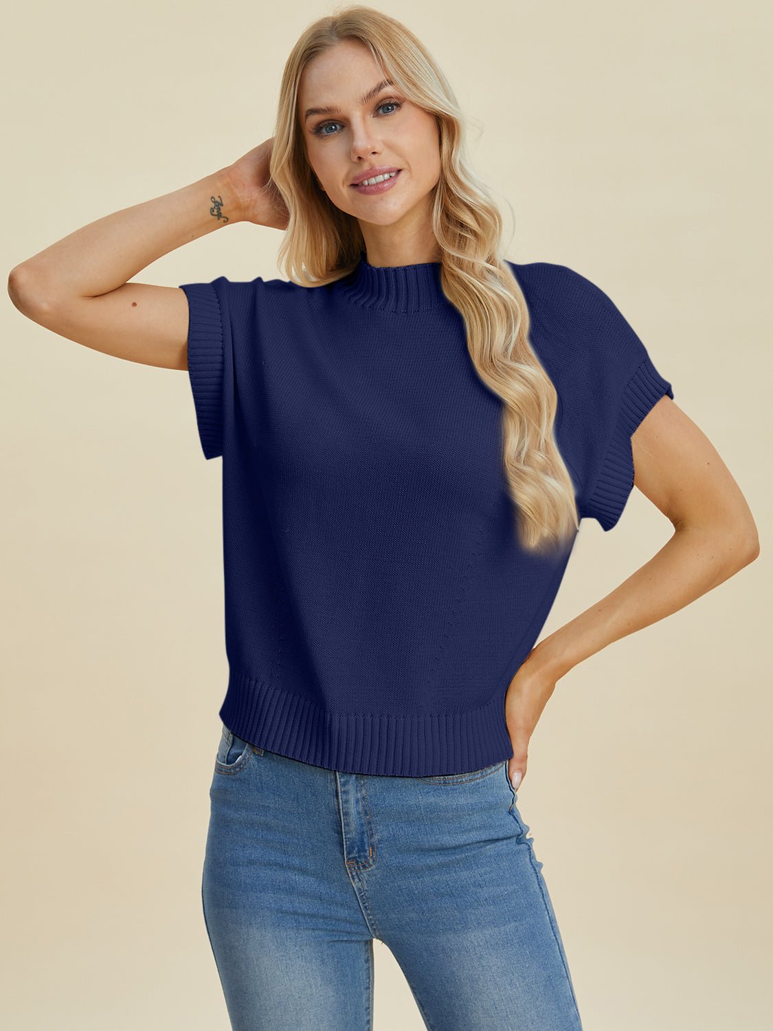 Double Take Full Size Mock Neck Short Sleeve Sweater - Bella Blue Styles