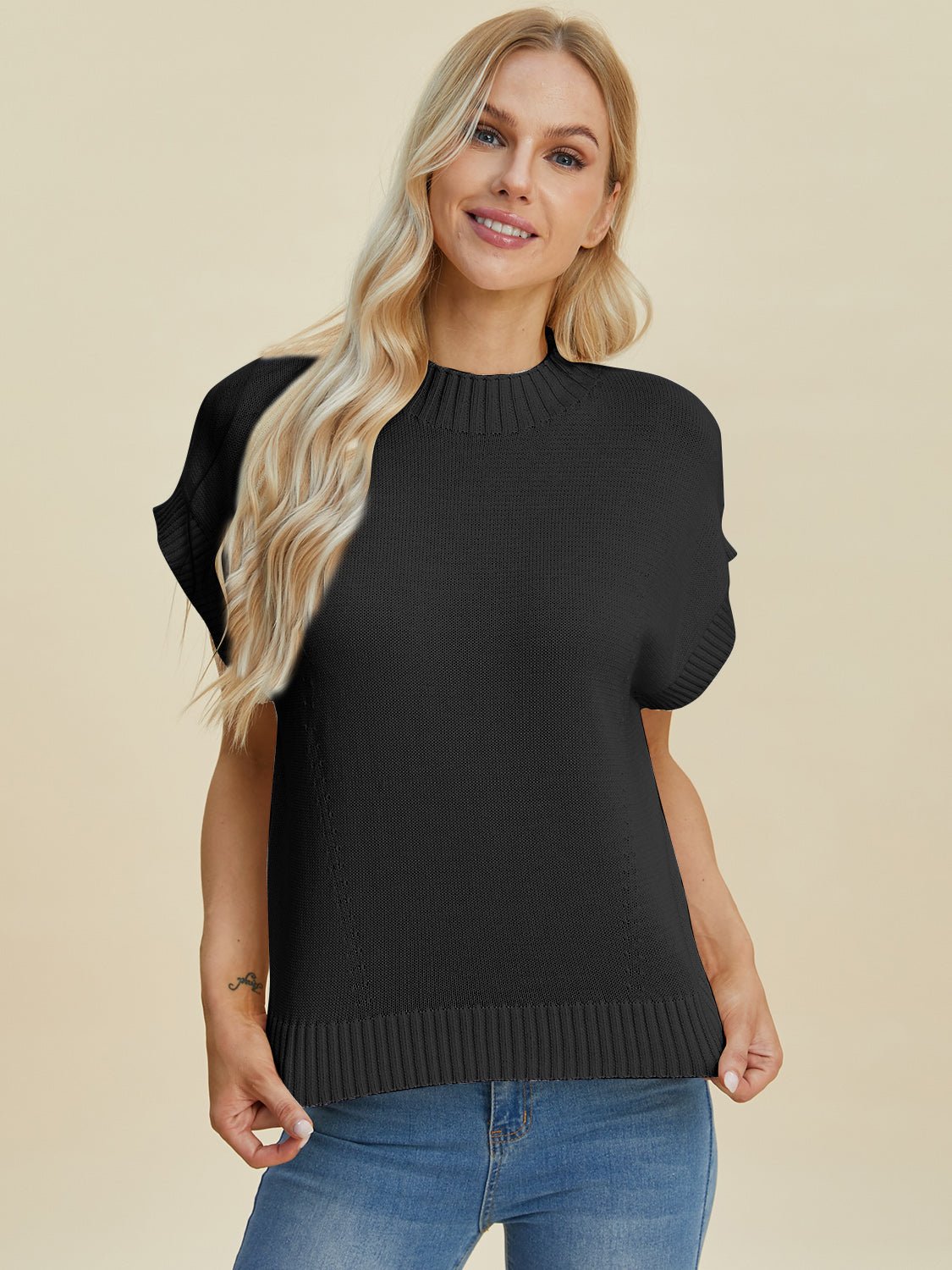 Double Take Full Size Mock Neck Short Sleeve Sweater - Bella Blue Styles