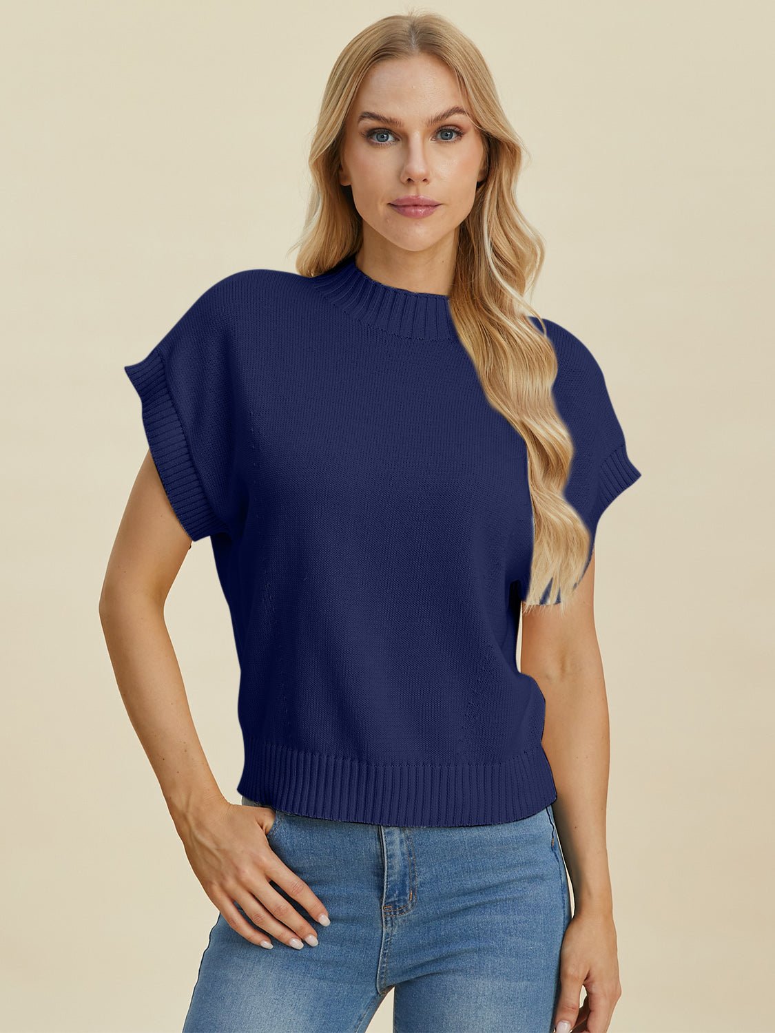 Double Take Full Size Mock Neck Short Sleeve Sweater - Bella Blue Styles