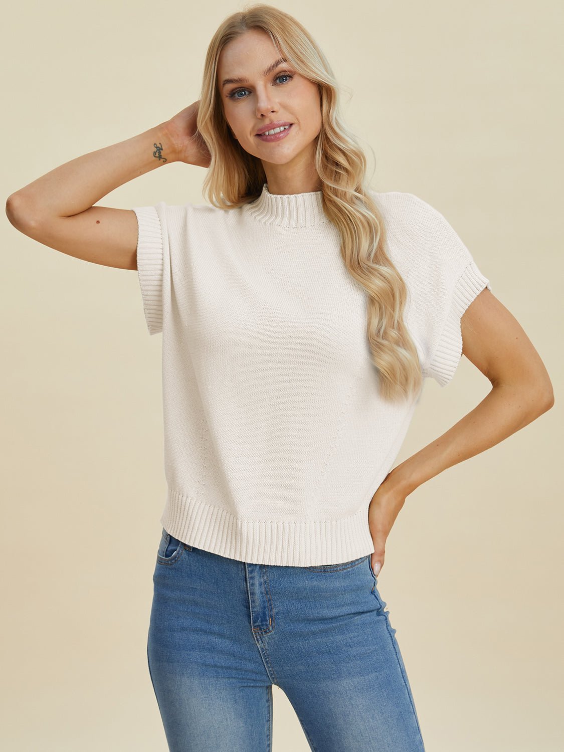 Double Take Full Size Mock Neck Short Sleeve Sweater - Bella Blue Styles