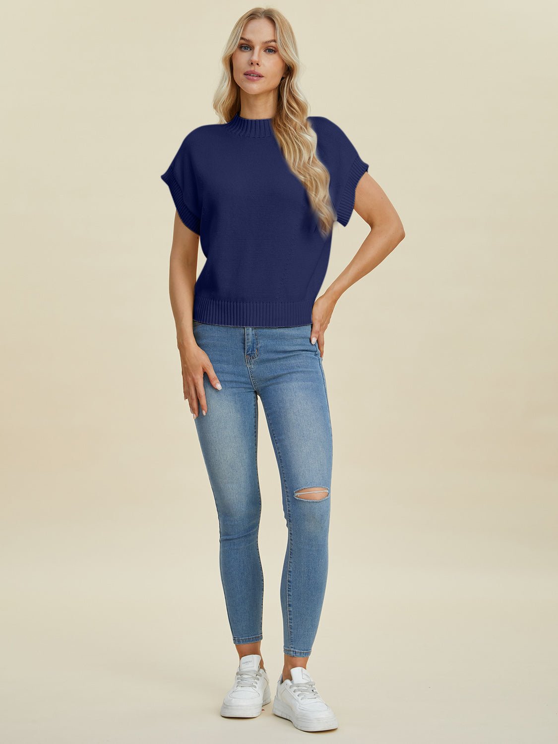 Double Take Full Size Mock Neck Short Sleeve Sweater - Bella Blue Styles