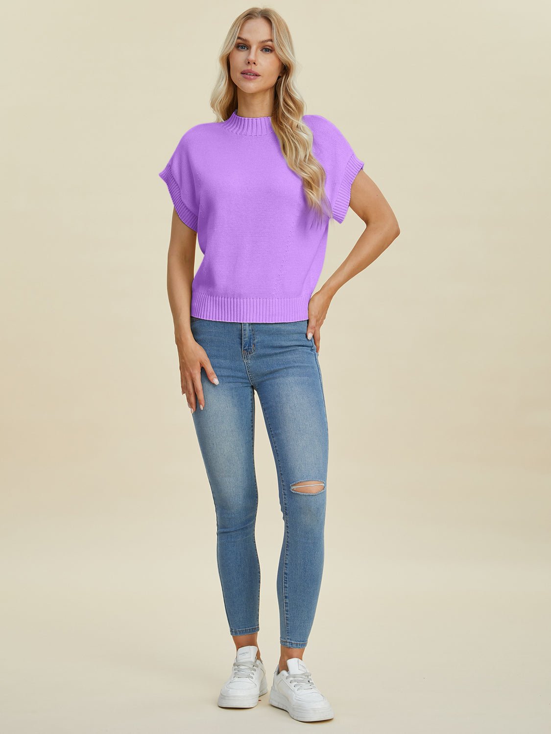 Double Take Full Size Mock Neck Short Sleeve Sweater - Bella Blue Styles