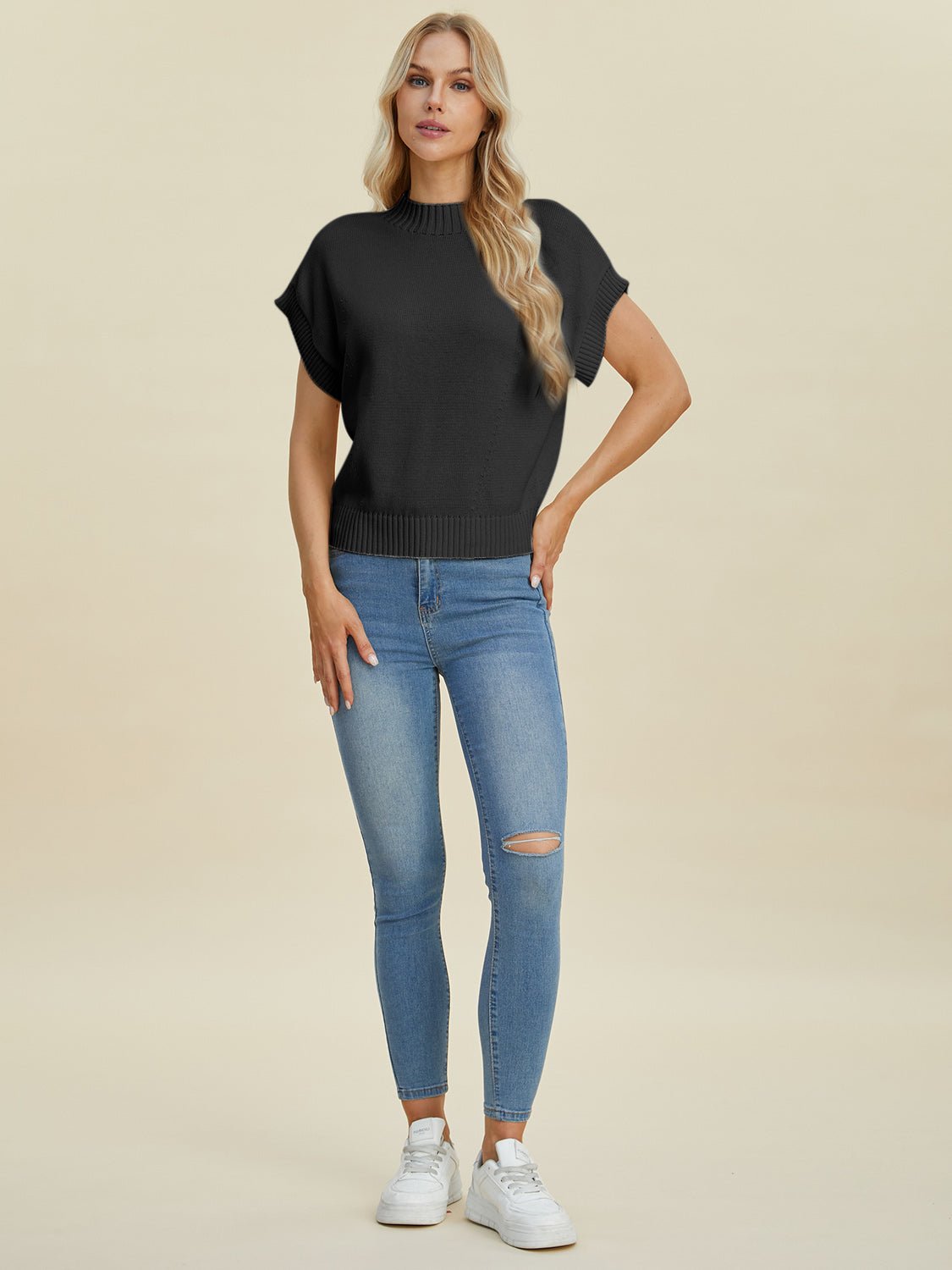 Double Take Full Size Mock Neck Short Sleeve Sweater - Bella Blue Styles
