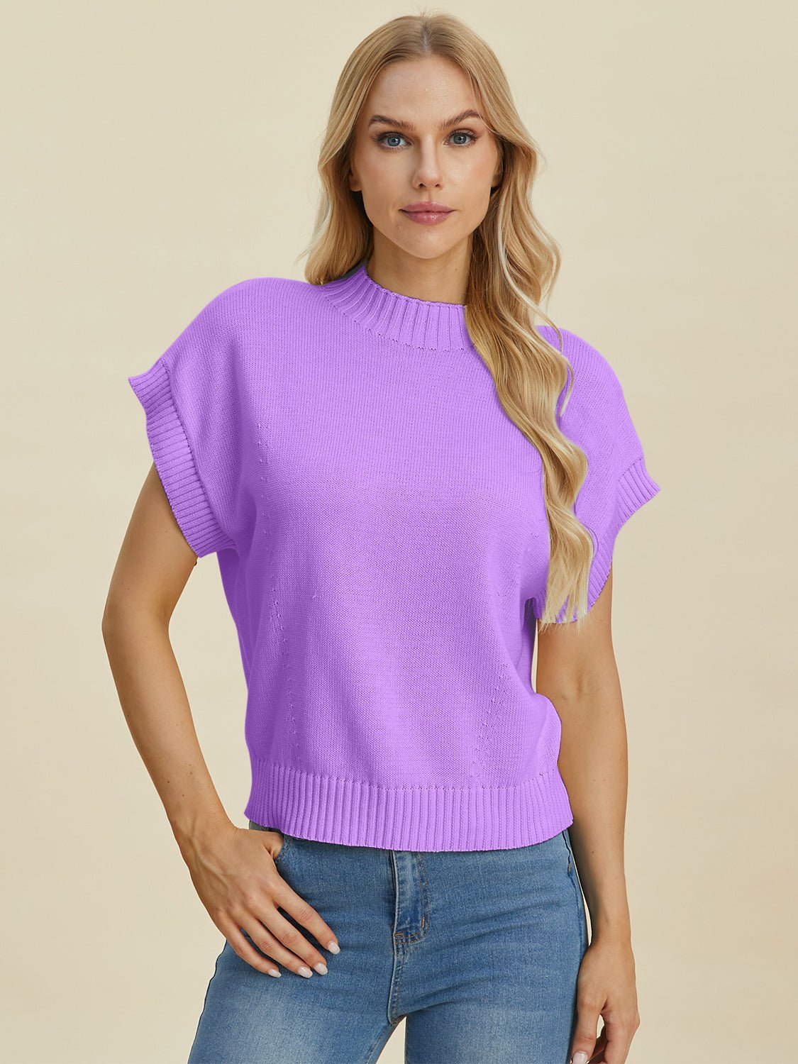 Double Take Full Size Mock Neck Short Sleeve Sweater - Bella Blue Styles