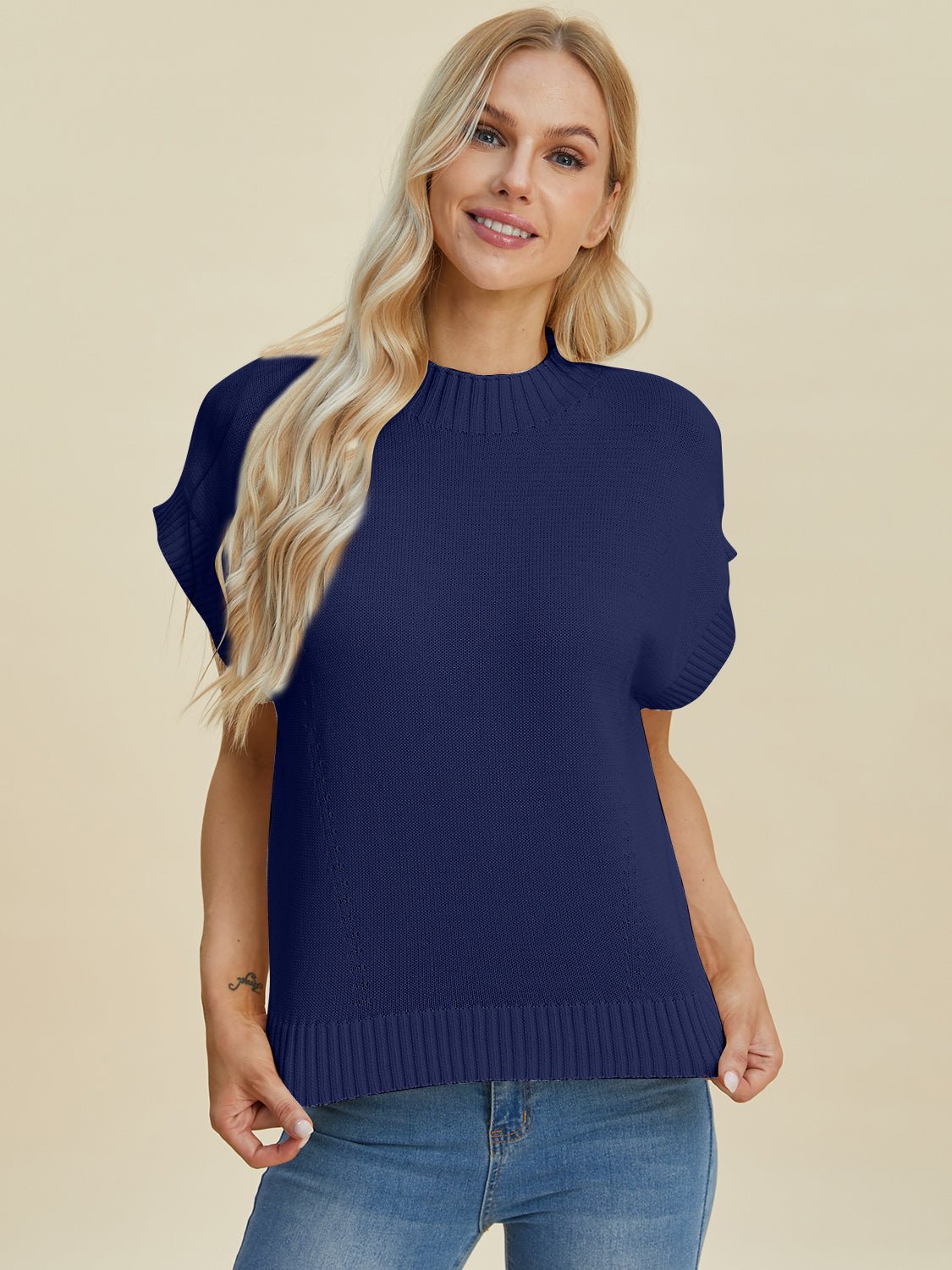 Double Take Full Size Mock Neck Short Sleeve Sweater - Bella Blue Styles