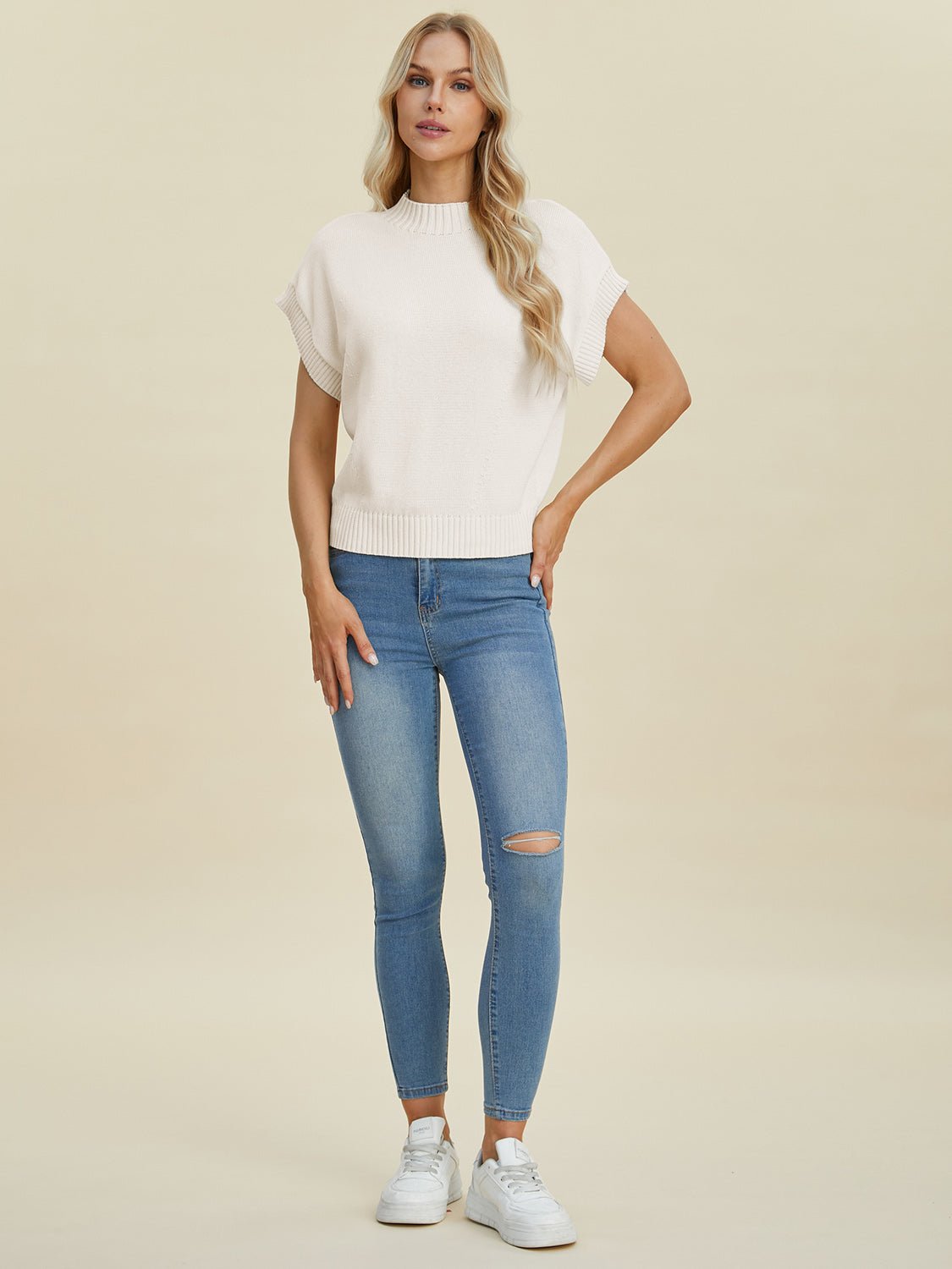 Double Take Full Size Mock Neck Short Sleeve Sweater - Bella Blue Styles