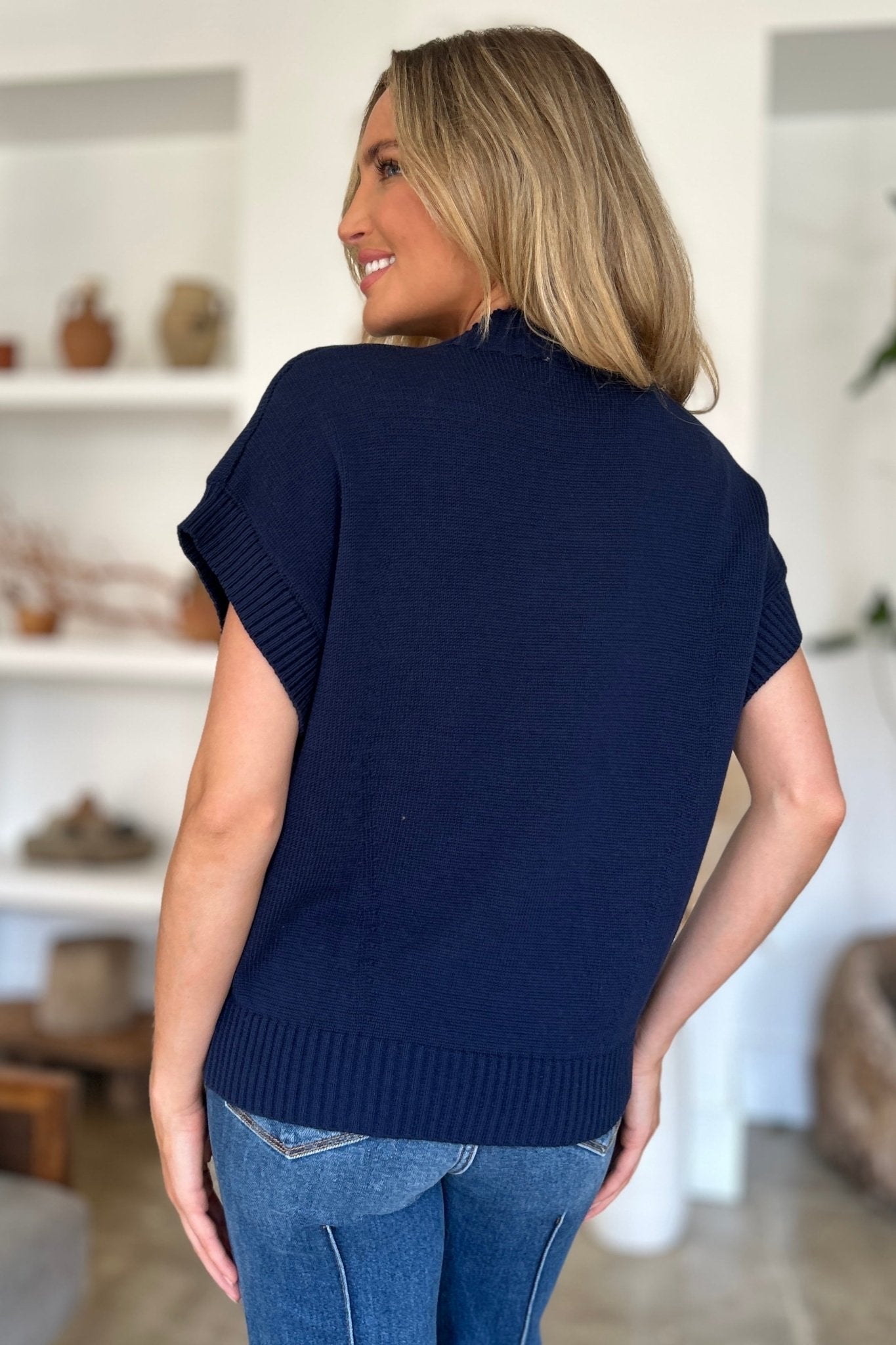 Double Take Full Size Mock Neck Short Sleeve Sweater - Bella Blue Styles