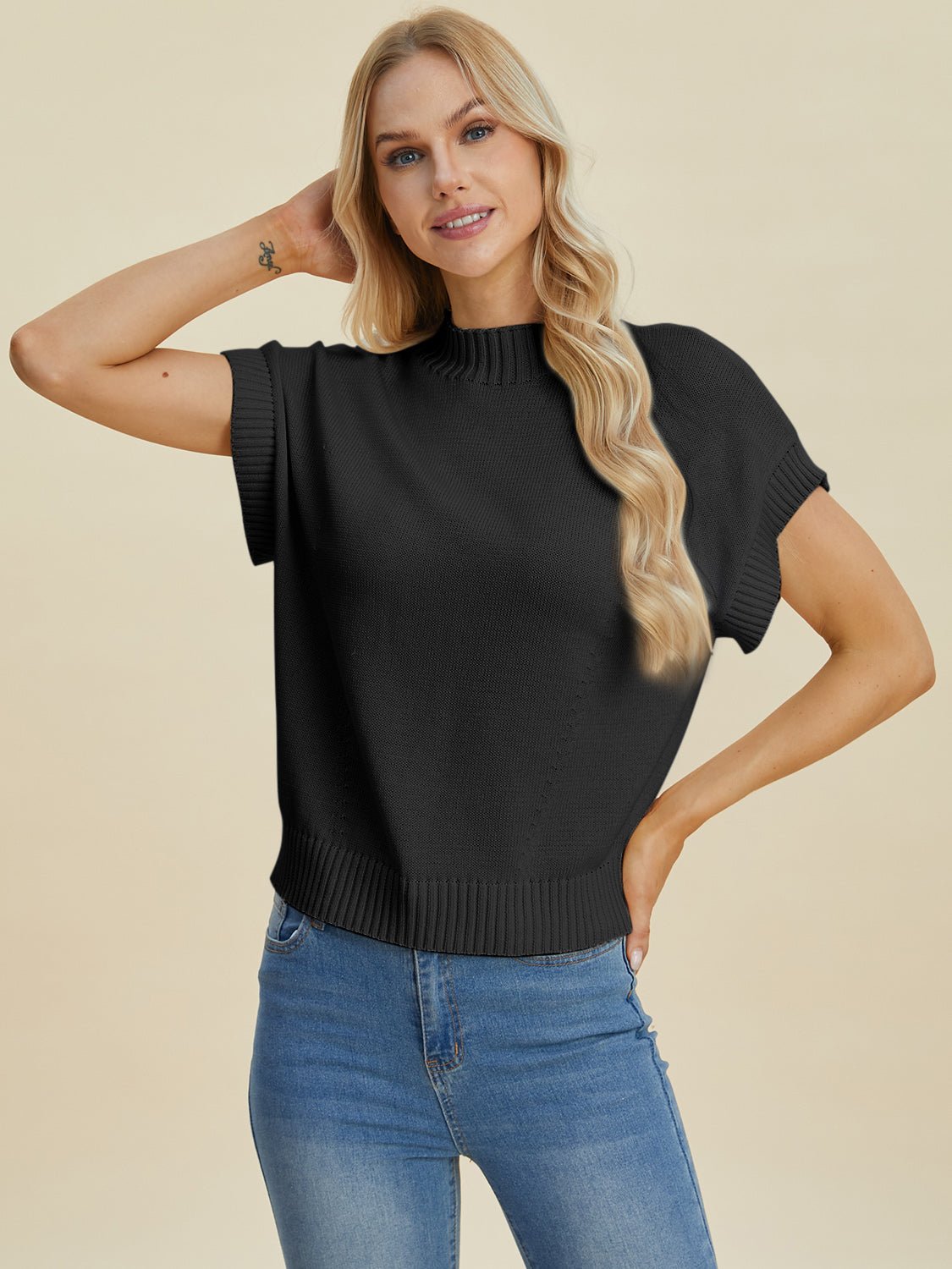 Double Take Full Size Mock Neck Short Sleeve Sweater - Bella Blue Styles