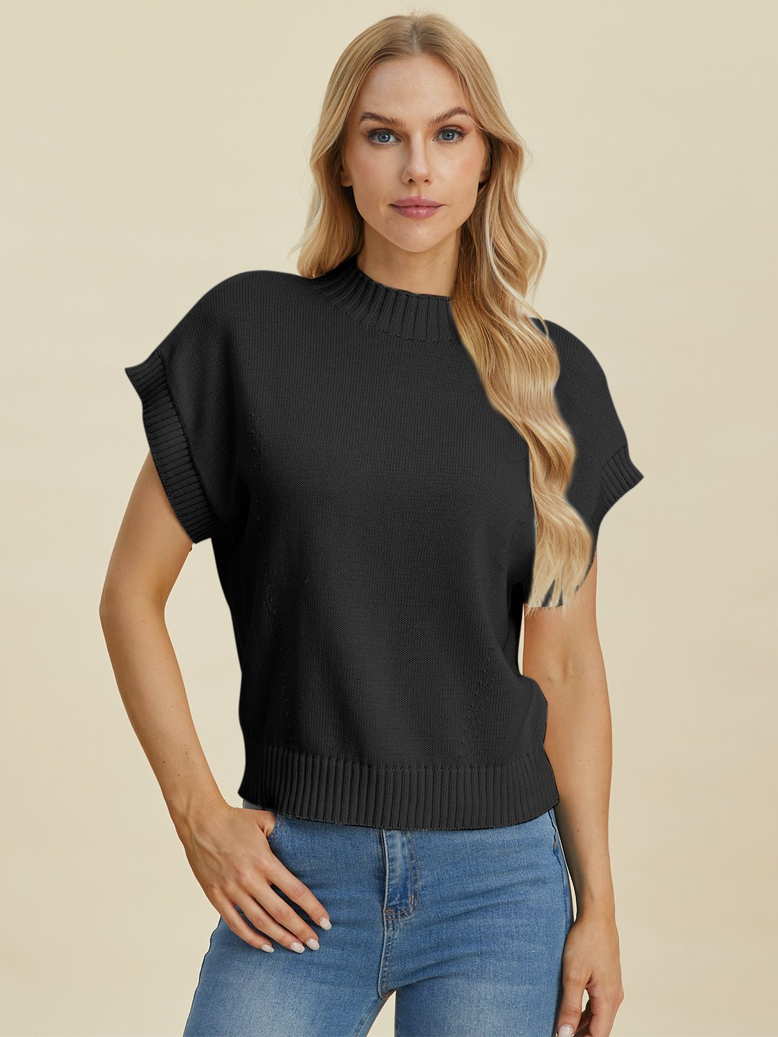 Double Take Full Size Mock Neck Short Sleeve Sweater - Bella Blue Styles