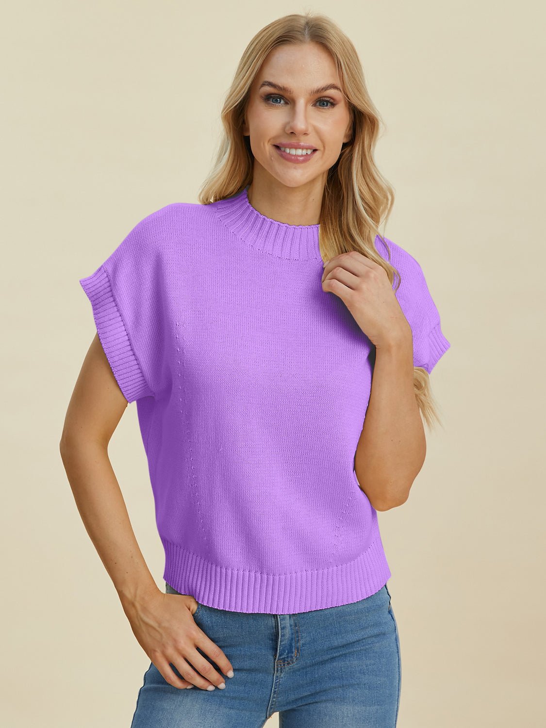 Double Take Full Size Mock Neck Short Sleeve Sweater - Bella Blue Styles