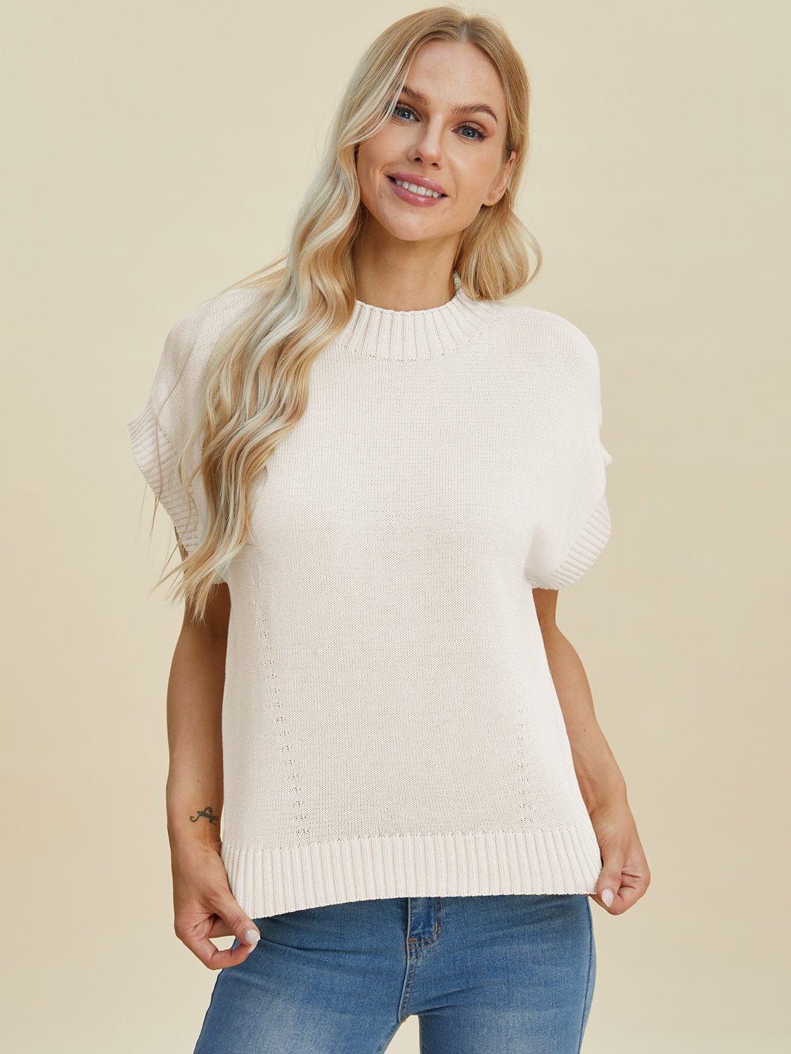 Double Take Full Size Mock Neck Short Sleeve Sweater - Bella Blue Styles