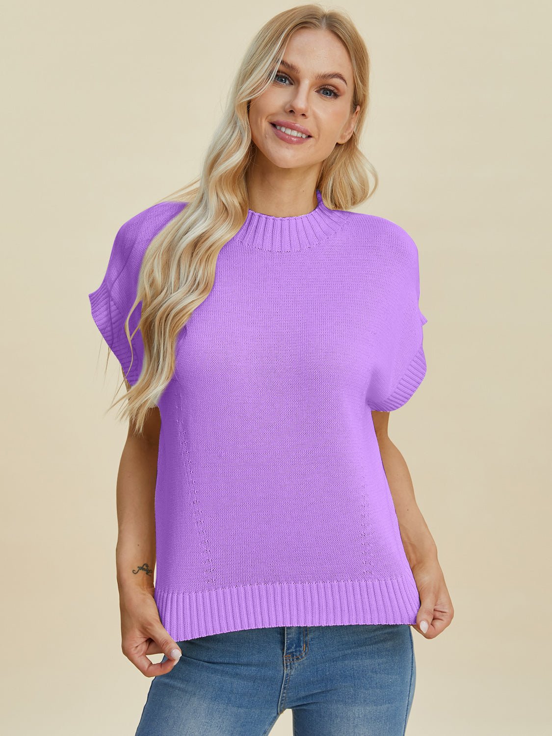Double Take Full Size Mock Neck Short Sleeve Sweater - Bella Blue Styles