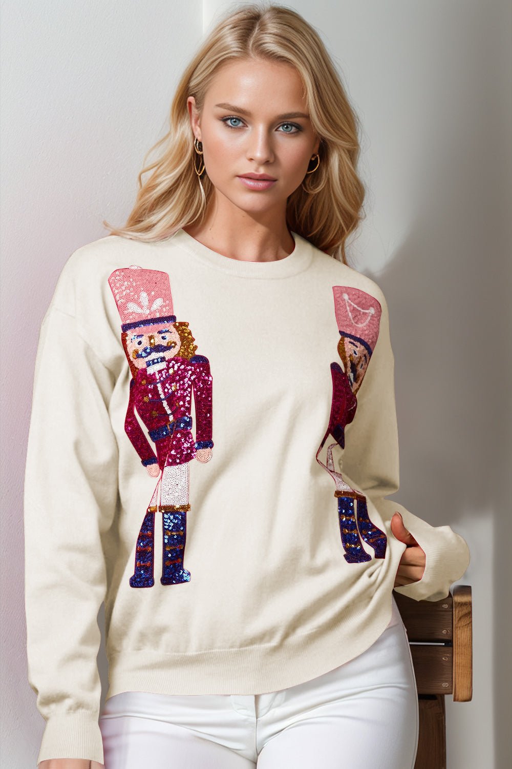 Double Take Full Size Nutcracker Sequin Long Sleeve Sweater - Bella Blue Styles