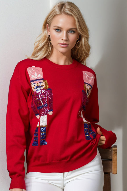 Double Take Full Size Nutcracker Sequin Long Sleeve Sweater - Bella Blue Styles