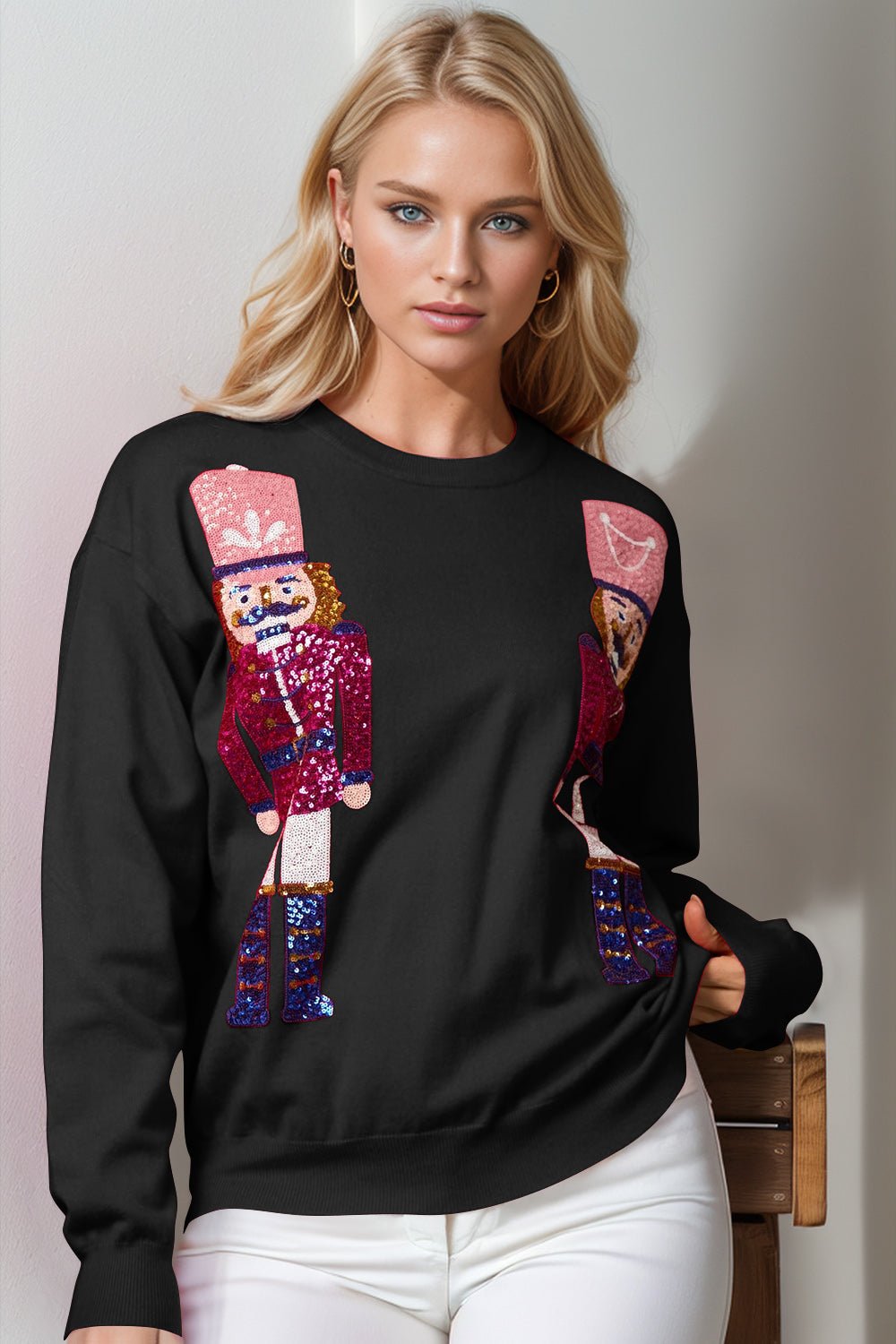 Double Take Full Size Nutcracker Sequin Long Sleeve Sweater - Bella Blue Styles