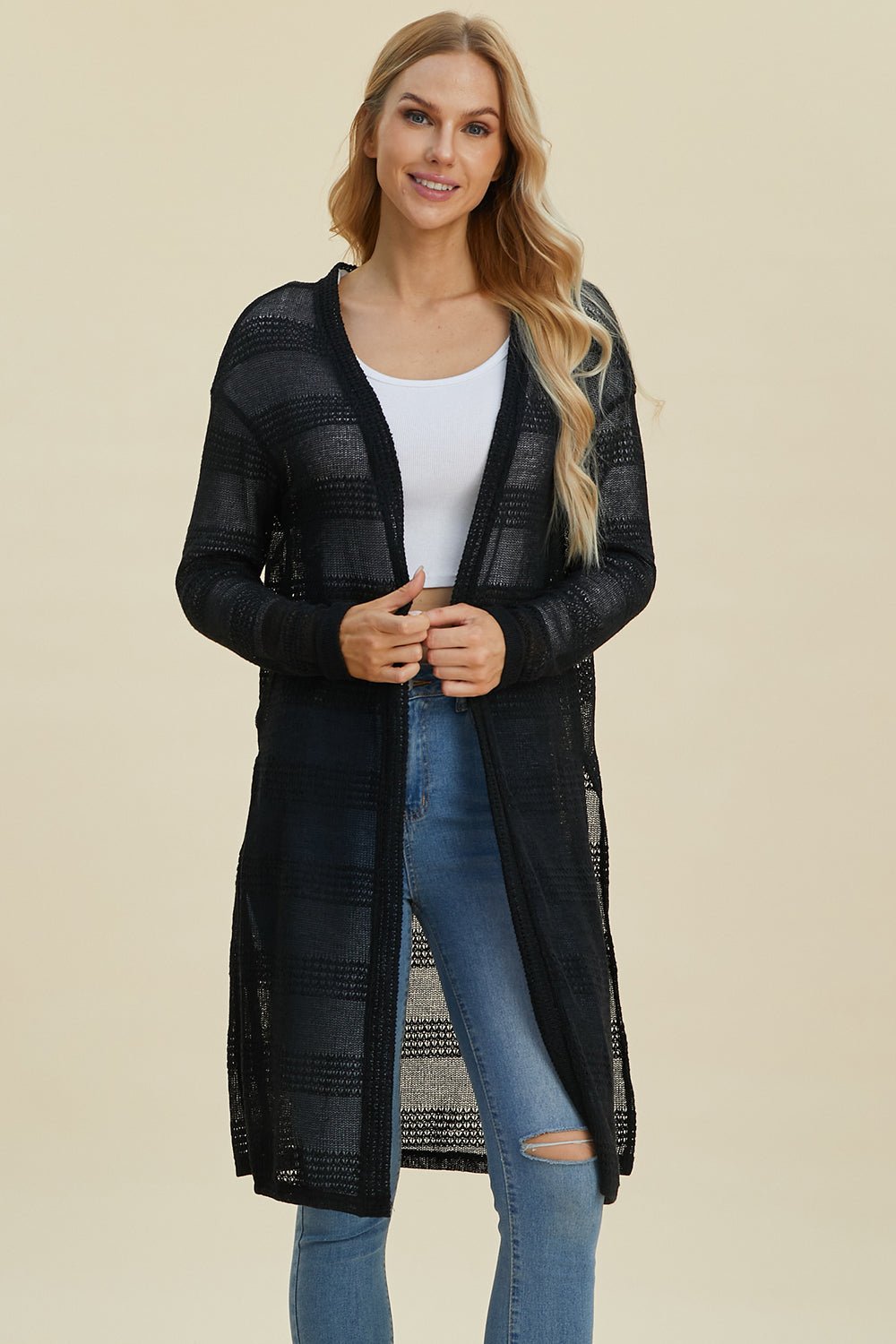 Double Take Full Size Open Front Longline Cardigan - Bella Blue Styles