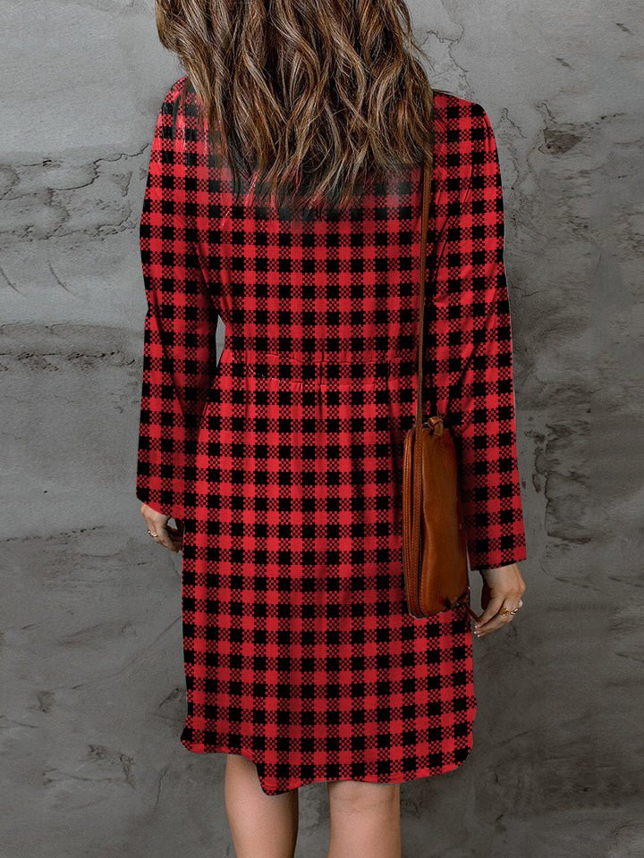 Double Take Full Size Plaid Round Neck Long Sleeve Magic Dress - Bella Blue Styles