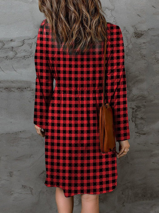 Double Take Full Size Plaid Round Neck Long Sleeve Magic Dress - Bella Blue Styles