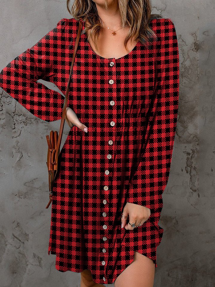 Double Take Full Size Plaid Round Neck Long Sleeve Magic Dress - Bella Blue Styles