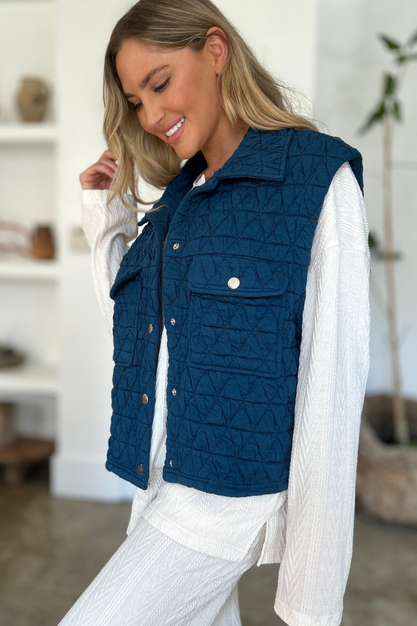 Double Take Full Size Pocketed Texture Snap Down Vest Coat - Bella Blue Styles