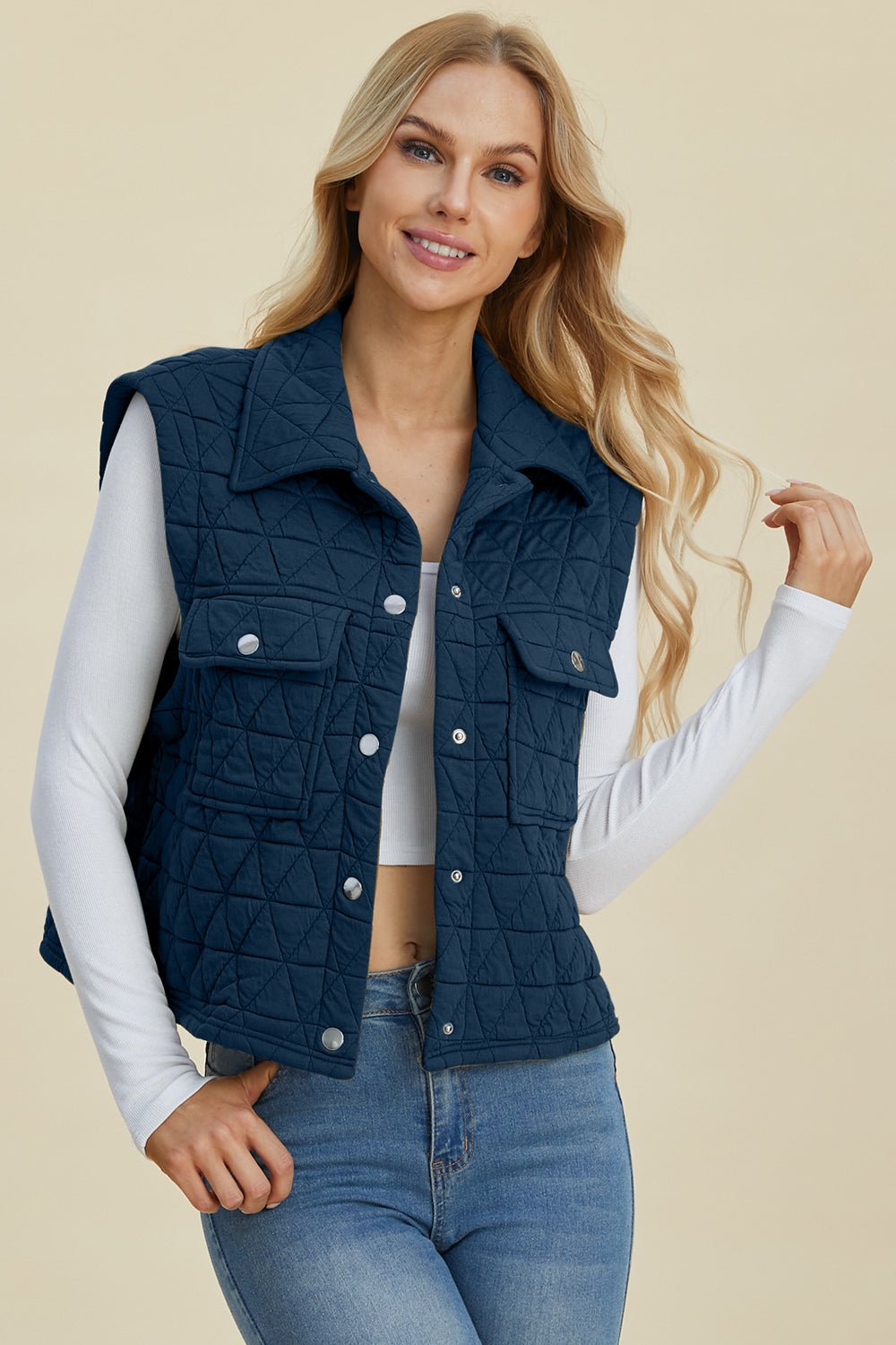 Double Take Full Size Pocketed Texture Snap Down Vest Coat - Bella Blue Styles