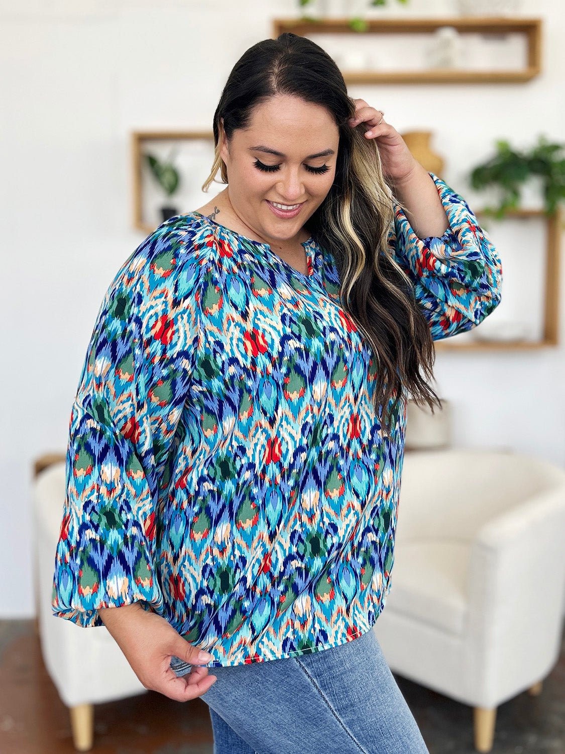 Double Take Full Size Printed Balloon Sleeve Blouse - Bella Blue Styles