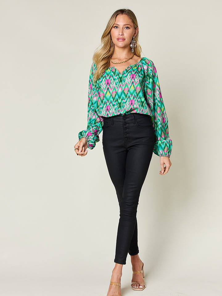 Double Take Full Size Printed Balloon Sleeve Blouse - Bella Blue Styles