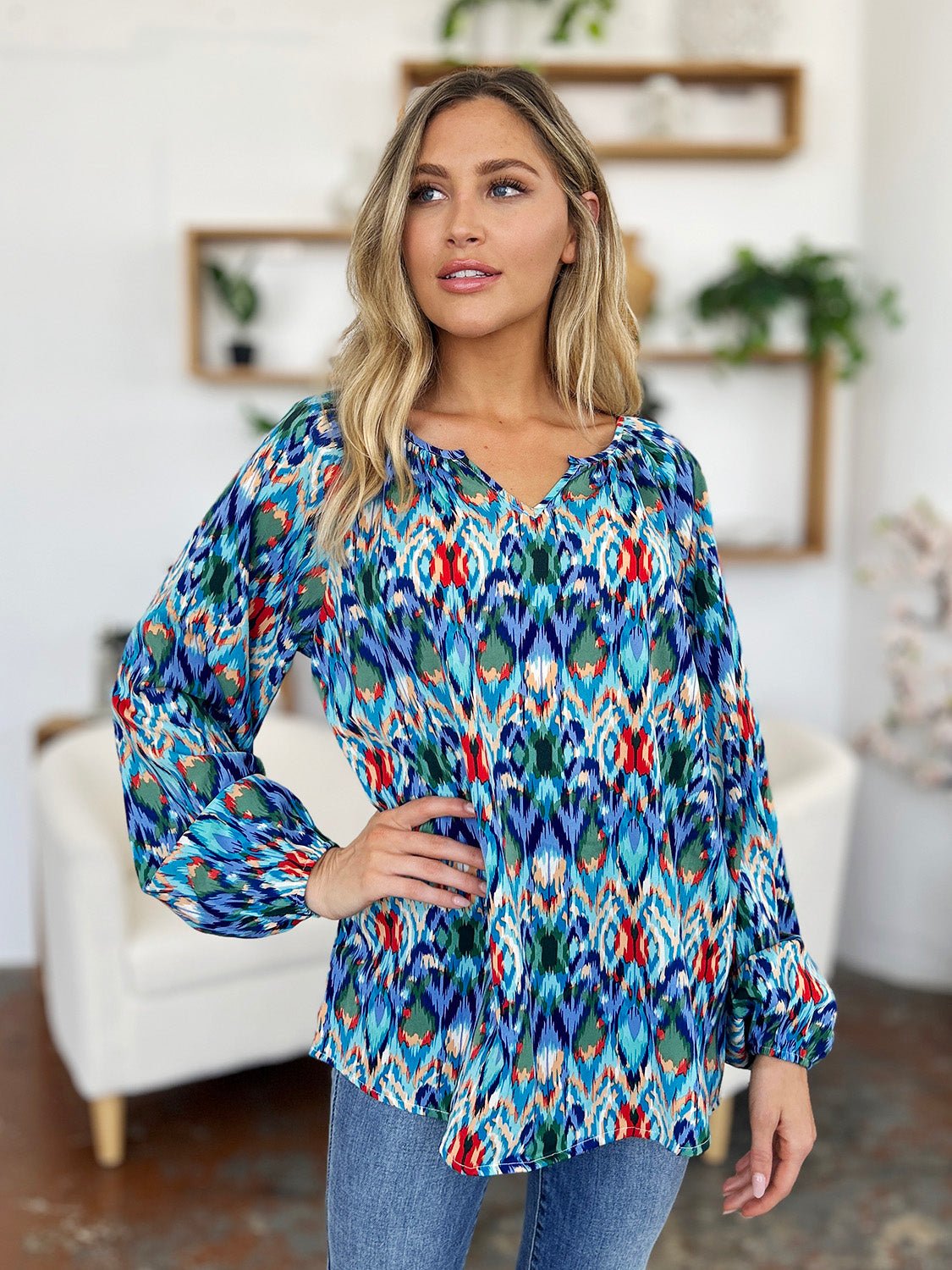 Double Take Full Size Printed Balloon Sleeve Blouse - Bella Blue Styles