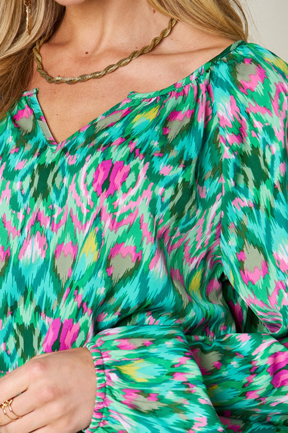 Double Take Full Size Printed Balloon Sleeve Blouse - Bella Blue Styles