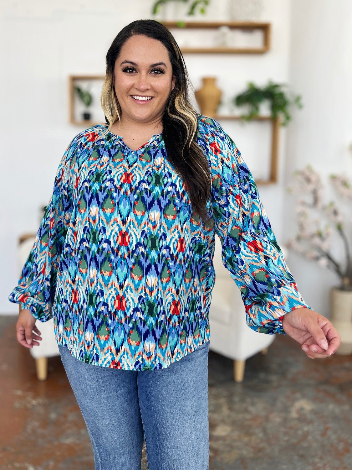 Double Take Full Size Printed Balloon Sleeve Blouse - Bella Blue Styles