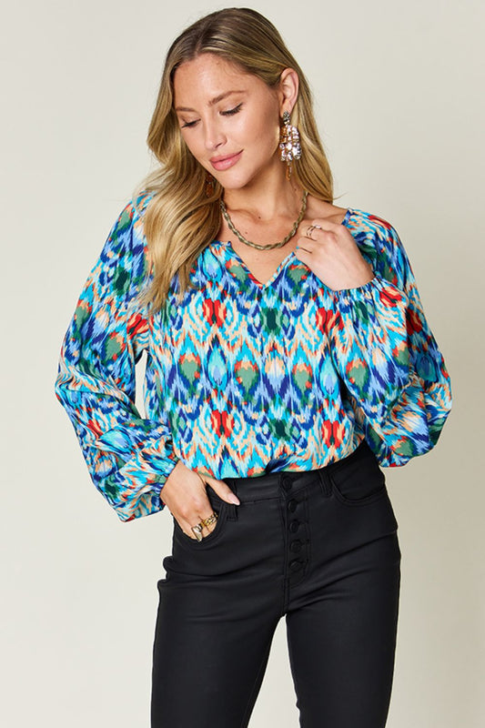 Double Take Full Size Printed Balloon Sleeve Blouse - Bella Blue Styles