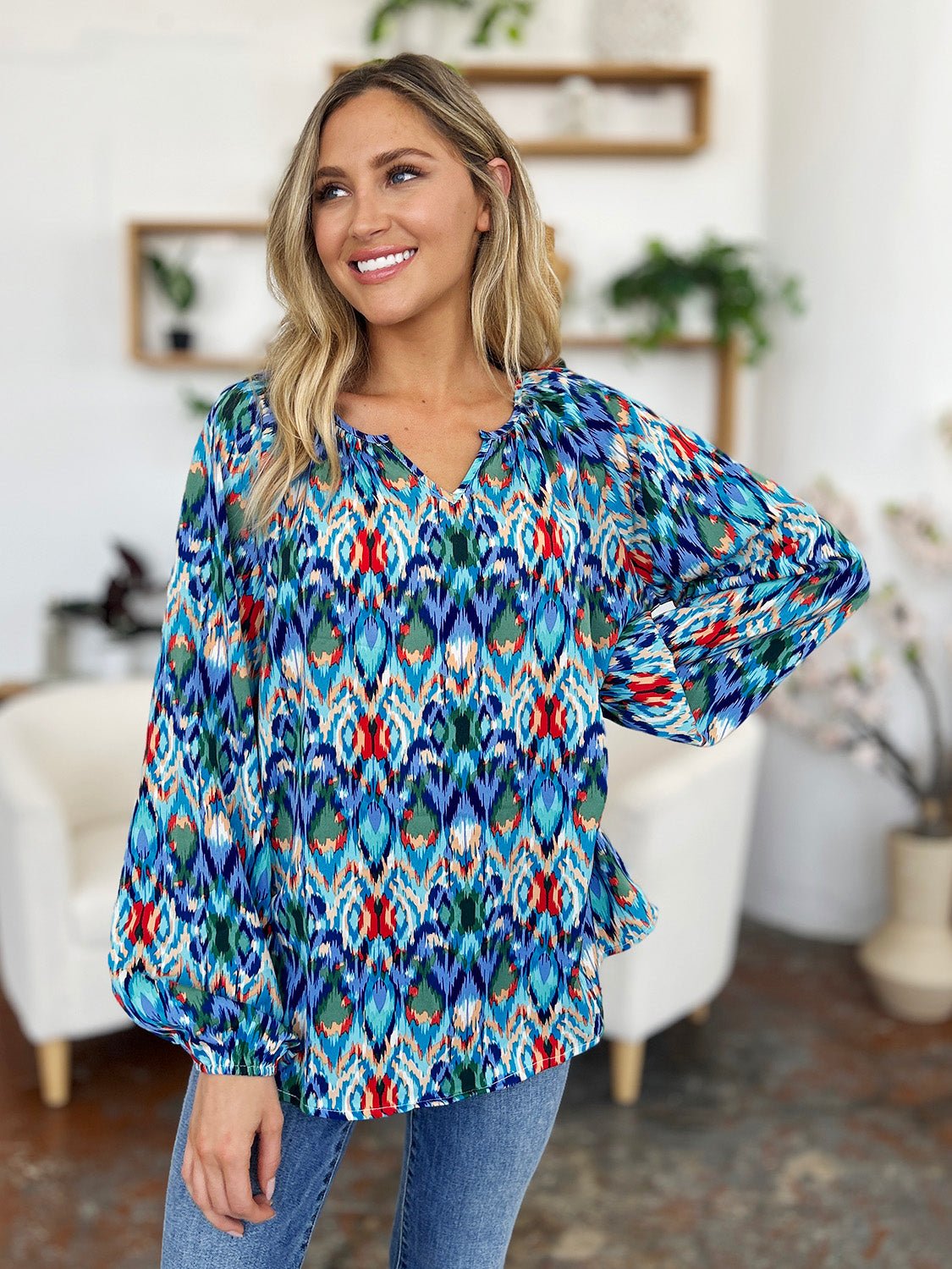 Double Take Full Size Printed Balloon Sleeve Blouse - Bella Blue Styles