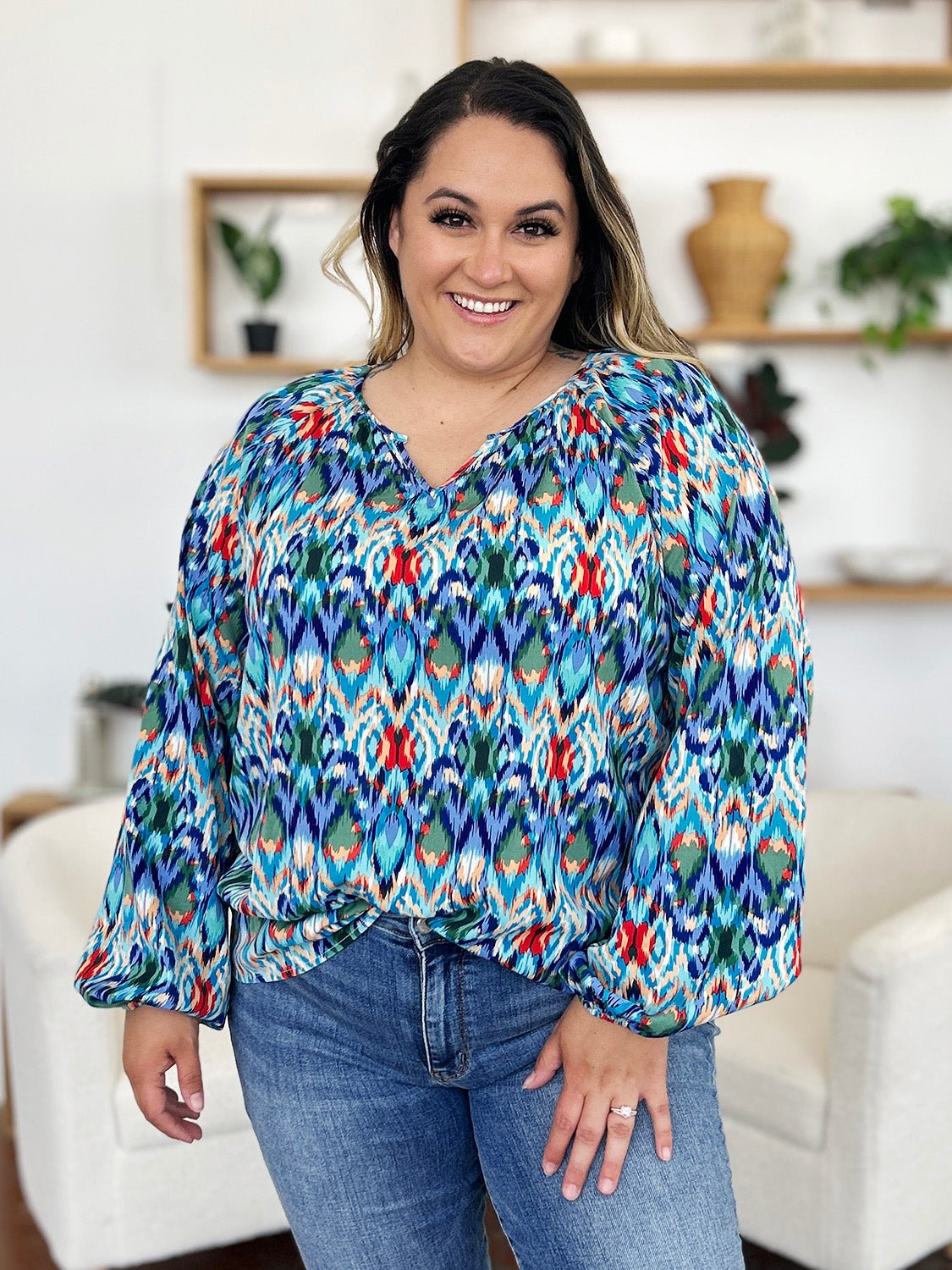 Double Take Full Size Printed Balloon Sleeve Blouse - Bella Blue Styles