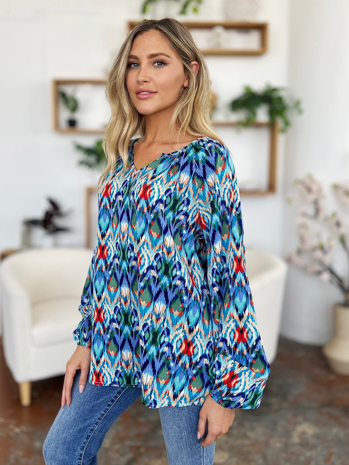 Double Take Full Size Printed Balloon Sleeve Blouse - Bella Blue Styles