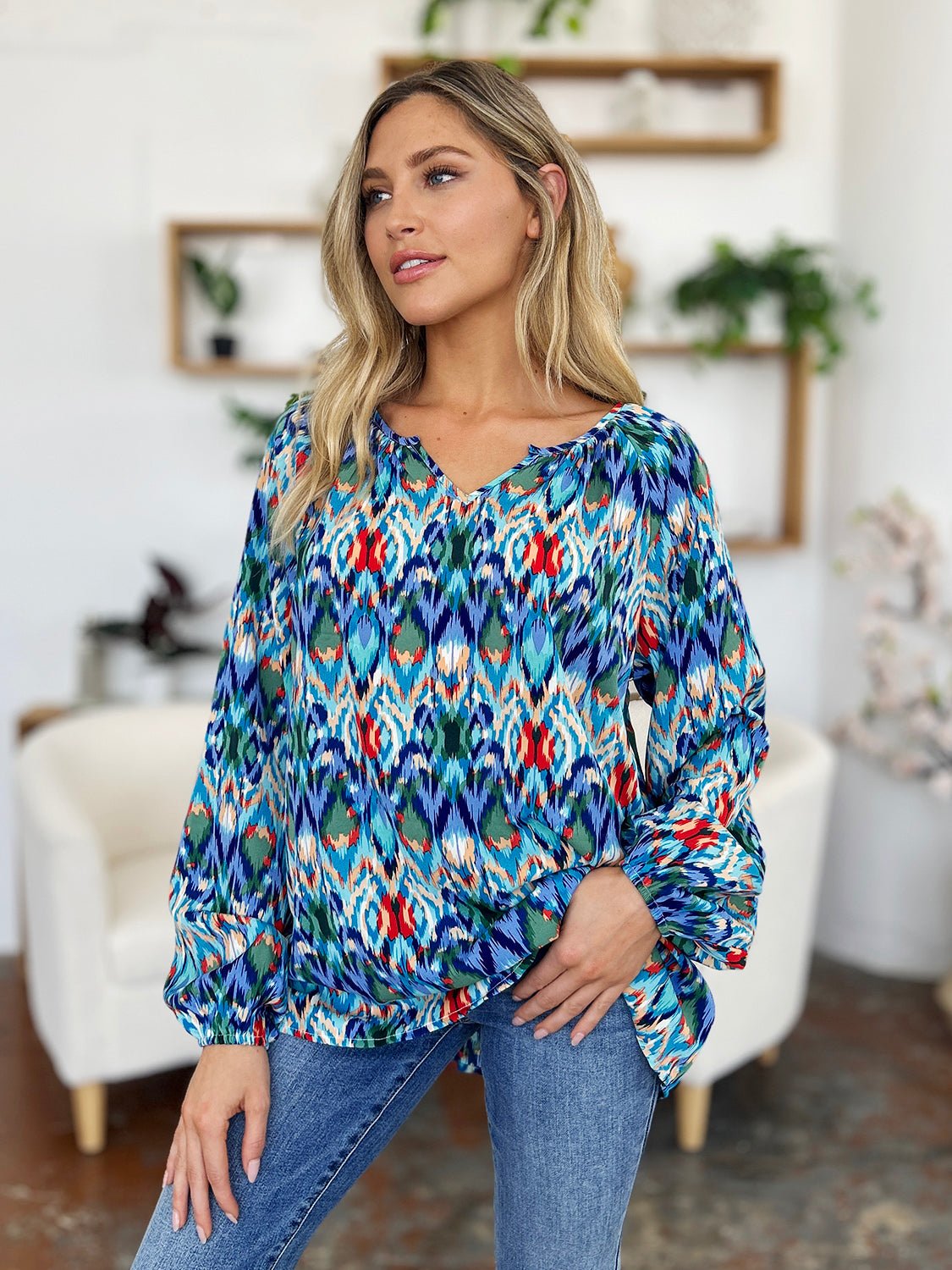 Double Take Full Size Printed Balloon Sleeve Blouse - Bella Blue Styles