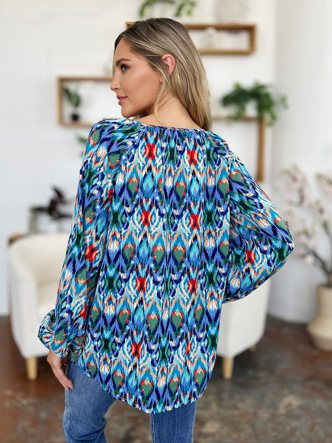 Double Take Full Size Printed Balloon Sleeve Blouse - Bella Blue Styles