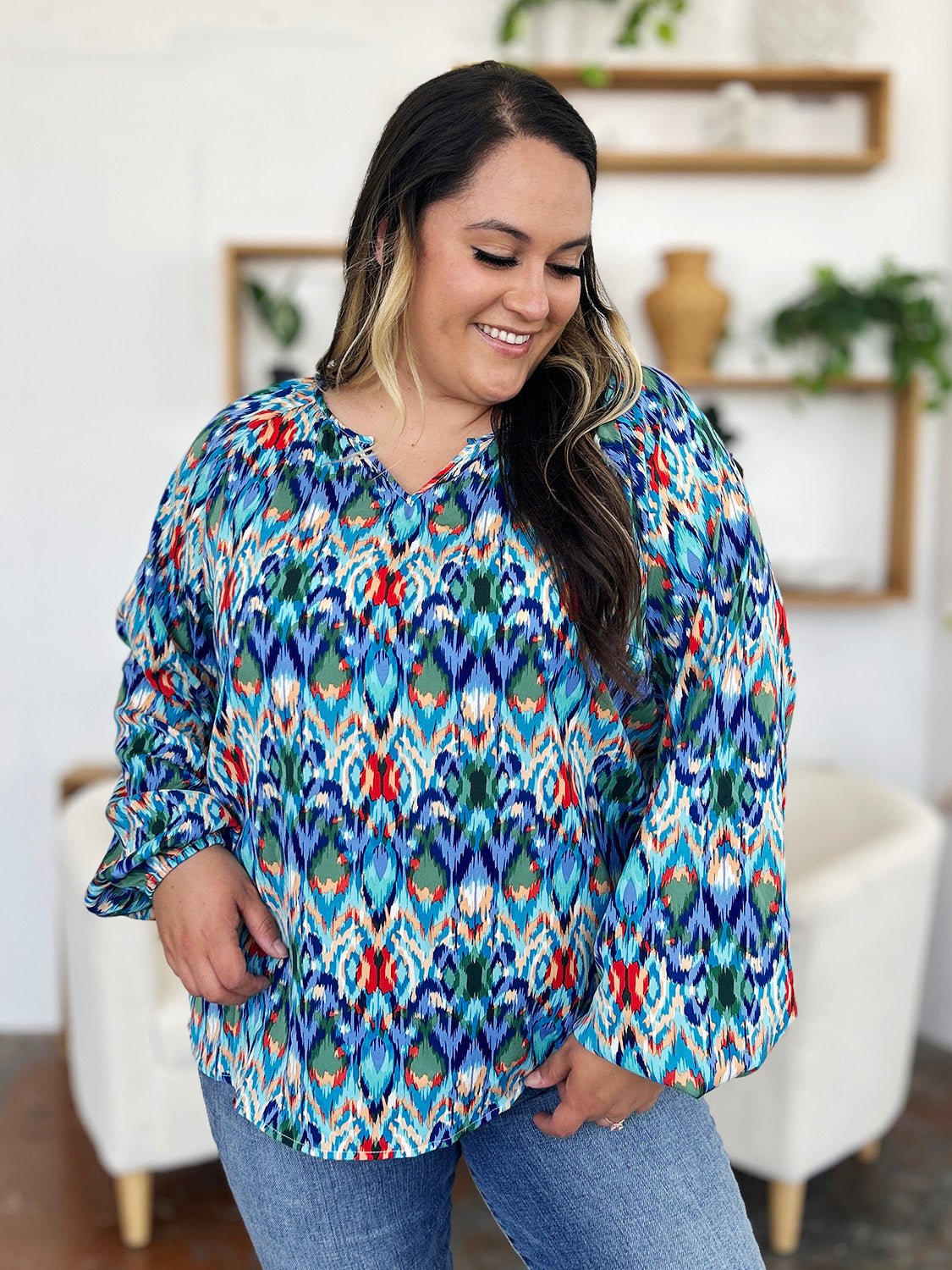 Double Take Full Size Printed Balloon Sleeve Blouse - Bella Blue Styles