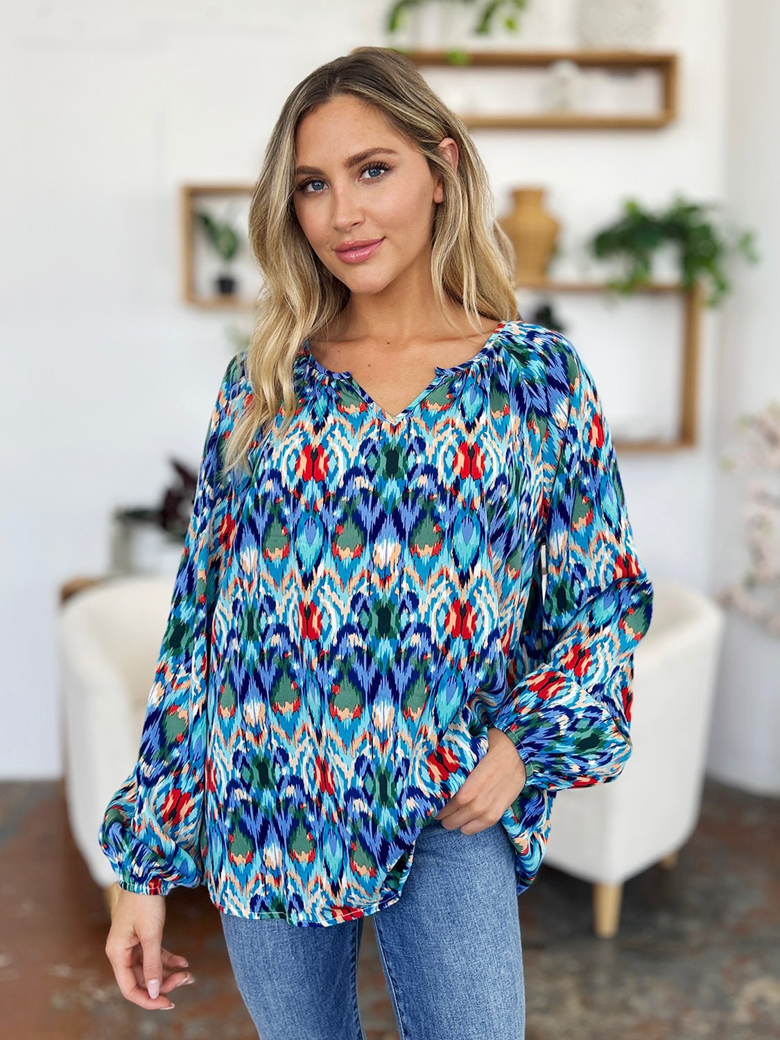 Double Take Full Size Printed Balloon Sleeve Blouse - Bella Blue Styles