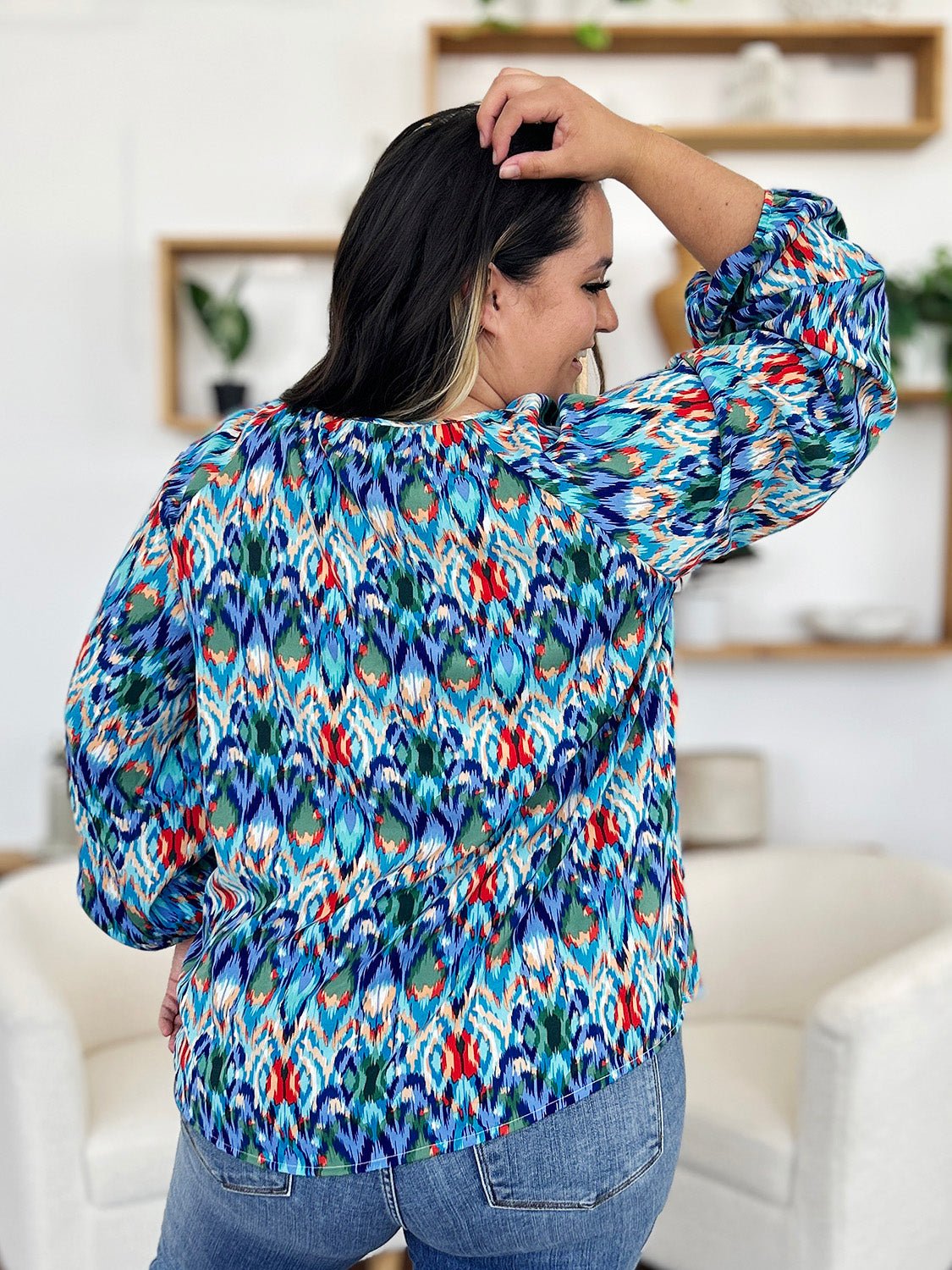 Double Take Full Size Printed Balloon Sleeve Blouse - Bella Blue Styles