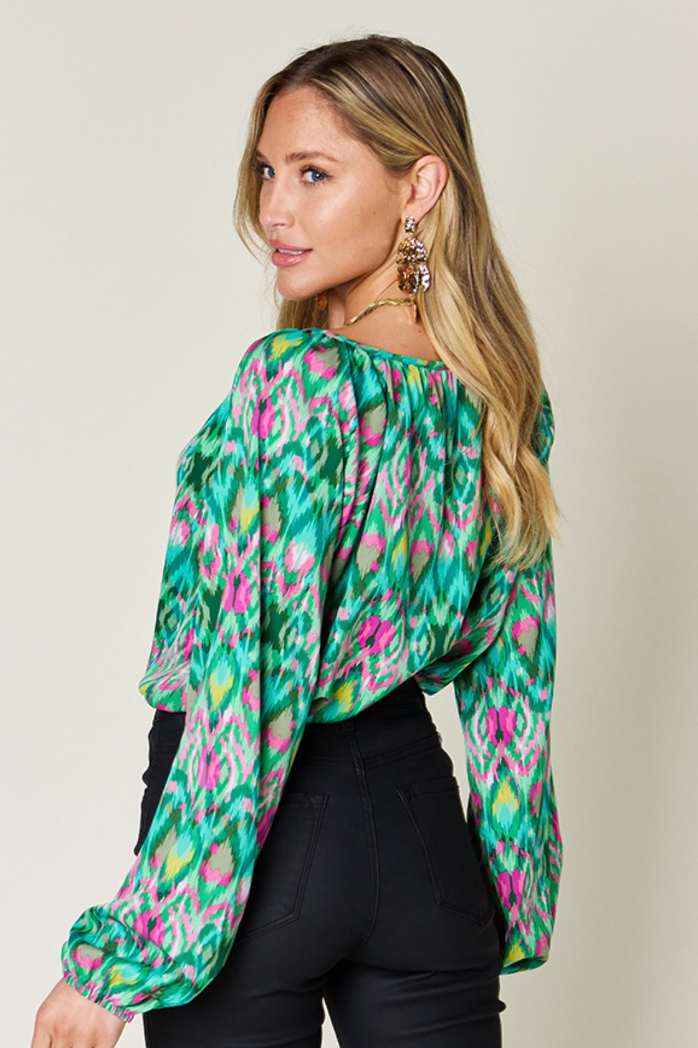 Double Take Full Size Printed Balloon Sleeve Blouse - Bella Blue Styles