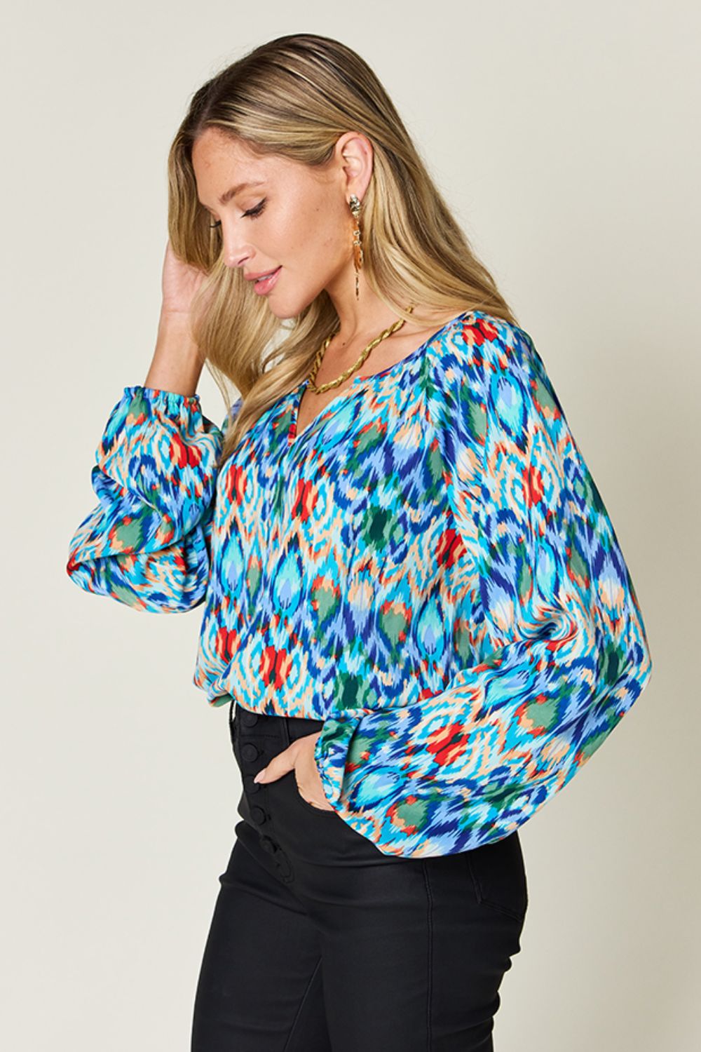 Double Take Full Size Printed Balloon Sleeve Blouse - Bella Blue Styles