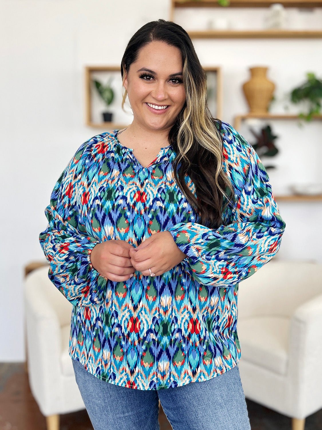 Double Take Full Size Printed Balloon Sleeve Blouse - Bella Blue Styles