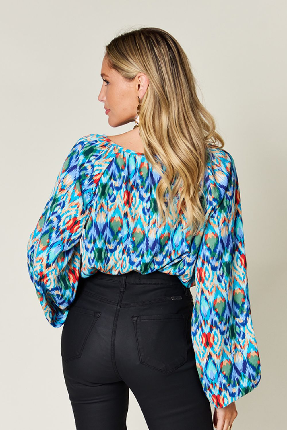Double Take Full Size Printed Balloon Sleeve Blouse - Bella Blue Styles